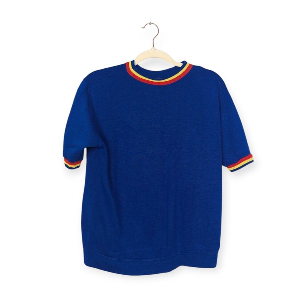 Vintage Ringed Sweatshirt S Blue Yellow Short Sleeve Retro Casual